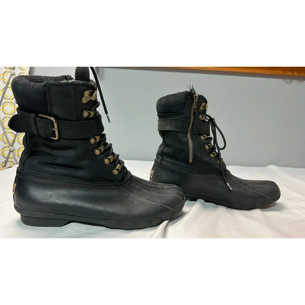 Sperry Saltwater Black Waterproof Duck Boots Women 9.5 STS83220 Side Zip Leather